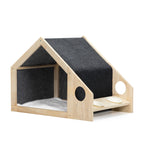 2-In-1 Wood Dog House Indoor;  Cabin Dog Kennel with Cushioned Bed;  Cover Scratcher;  Feeding Bowls;  Pet Habitat for Cats;  Small and Medium Dogs;  Natural and Gray