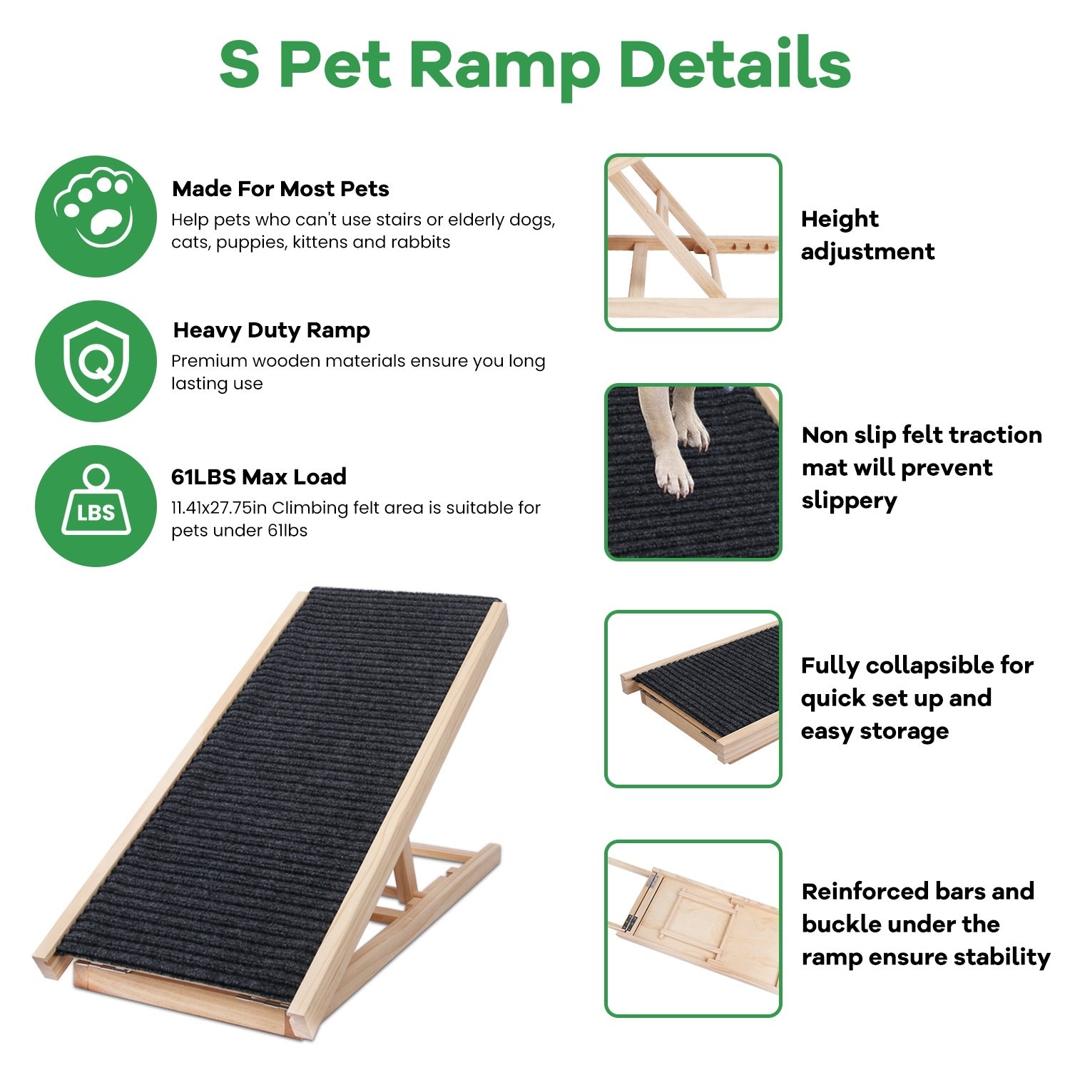 Foldable Wooden Dog Ramp for High Beds Non Slip Heights Adjustable Pet Cat Ramp for Couch Car SUV