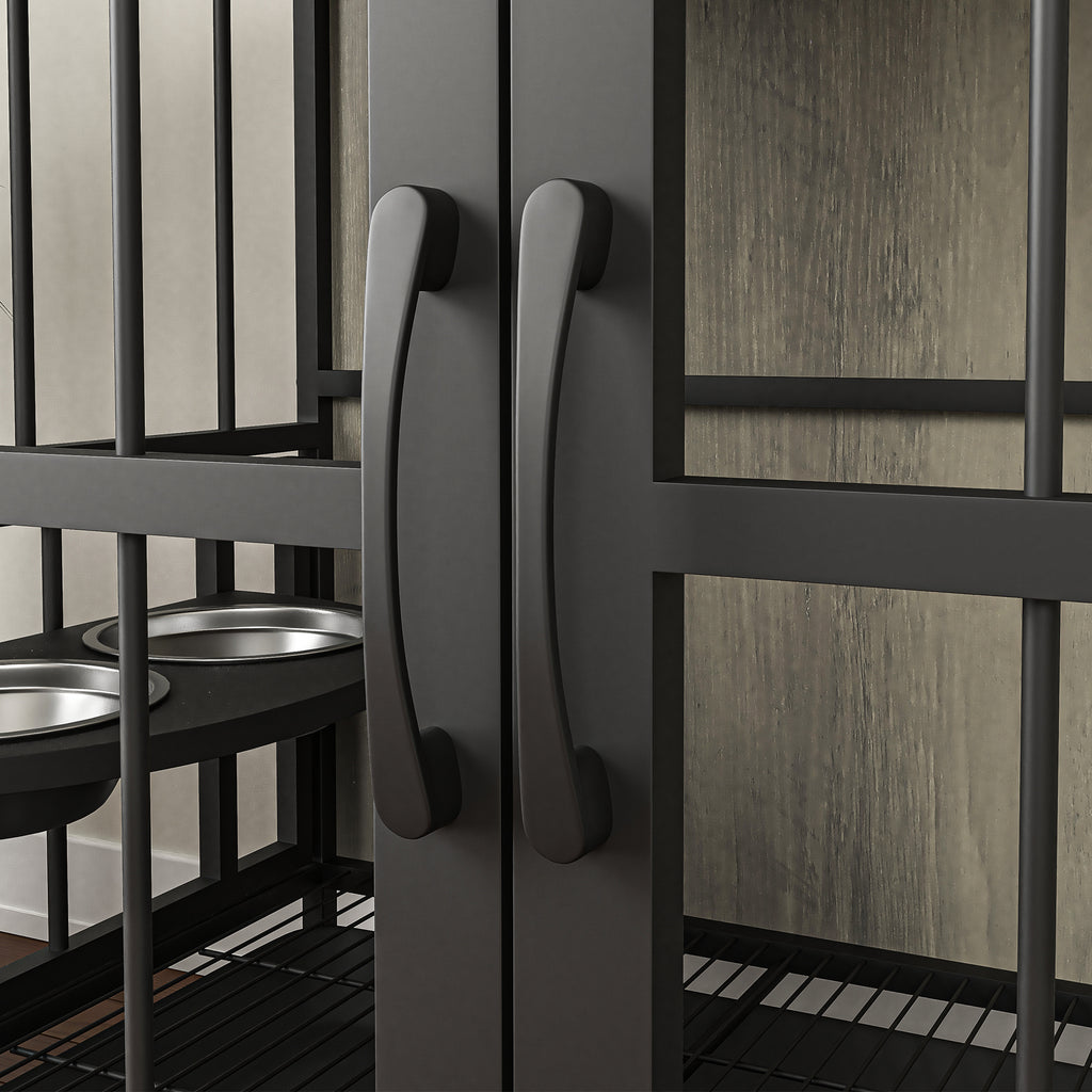 Modern Kennel Dogs room up to 80 LB, Dog crate furniture with Multi-Purpose Rremovable Ttray, Double-Door Dog House, lift Panel, 360 Degree Rotation -3 Height Adjustable Feeding Bowls