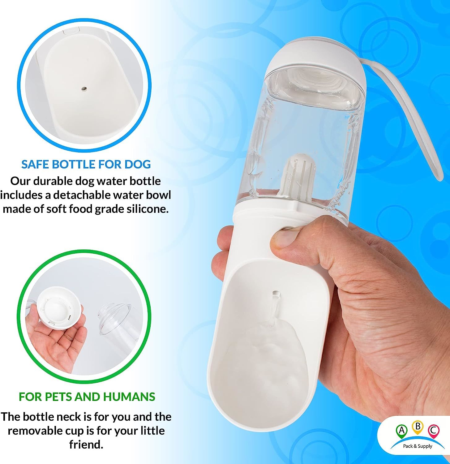 Portable Dog Water Bottle Dispenser 12 Oz, 11.8 x 7.9 x 9.2, Pack of 40 White Pet Water Bottles for Dogs on Walks, Durable ABS Dog Travel Water Bottle with Silicone Strap and PP Cotton Filter