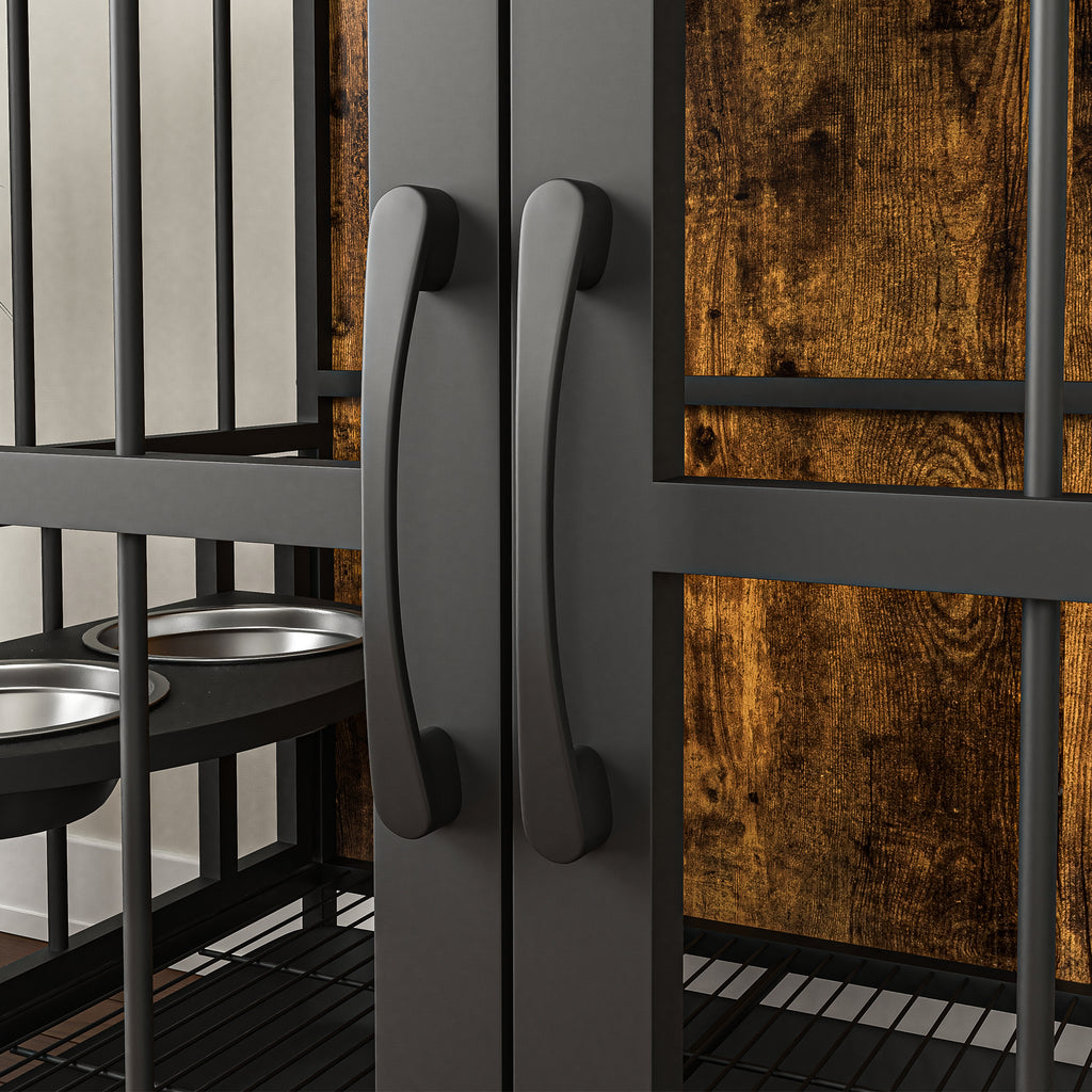 Modern Kennel Dogs room up to 60 LB, Dog crate furniture with Multi-Purpose Rremovable Ttray, Double-Door Dog House, lift Panel, 360 Degree Rotation -3 Height Adjustable Feeding Bowls