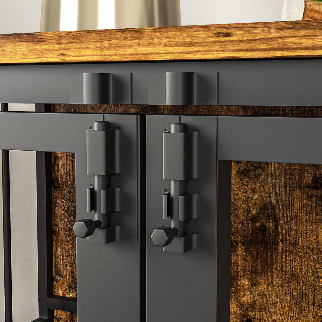 Modern Kennel Dogs room up to 60 LB, Dog crate furniture with Multi-Purpose Rremovable Ttray, Double-Door Dog House, lift Panel, 360 Degree Rotation -3 Height Adjustable Feeding Bowls