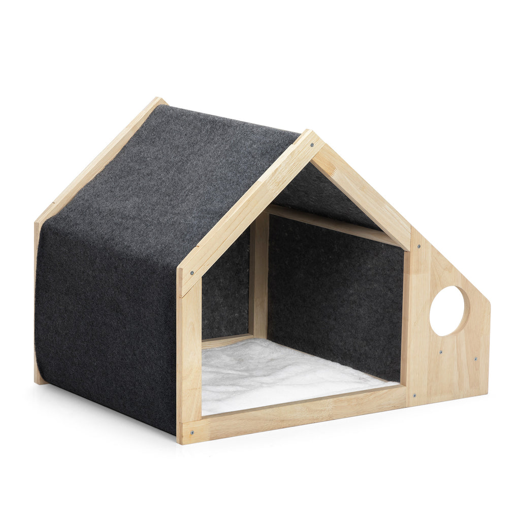 2-In-1 Wood Dog House Indoor;  Cabin Dog Kennel with Cushioned Bed;  Cover Scratcher;  Feeding Bowls;  Pet Habitat for Cats;  Small and Medium Dogs;  Natural and Gray