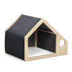 2-In-1 Wood Dog House Indoor;  Cabin Dog Kennel with Cushioned Bed;  Cover Scratcher;  Feeding Bowls;  Pet Habitat for Cats;  Small and Medium Dogs;  Natural and Gray
